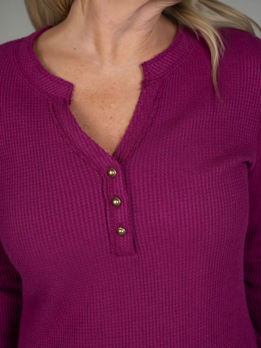 Long Sleeve Waffle Knit Henley Top