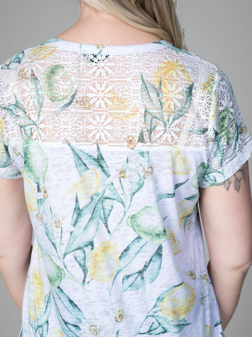 Lemon Print Lace-Shoulder Tee