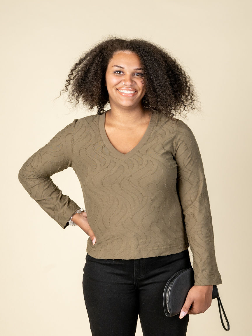 Jacquard Long Sleeve V-Neck Top