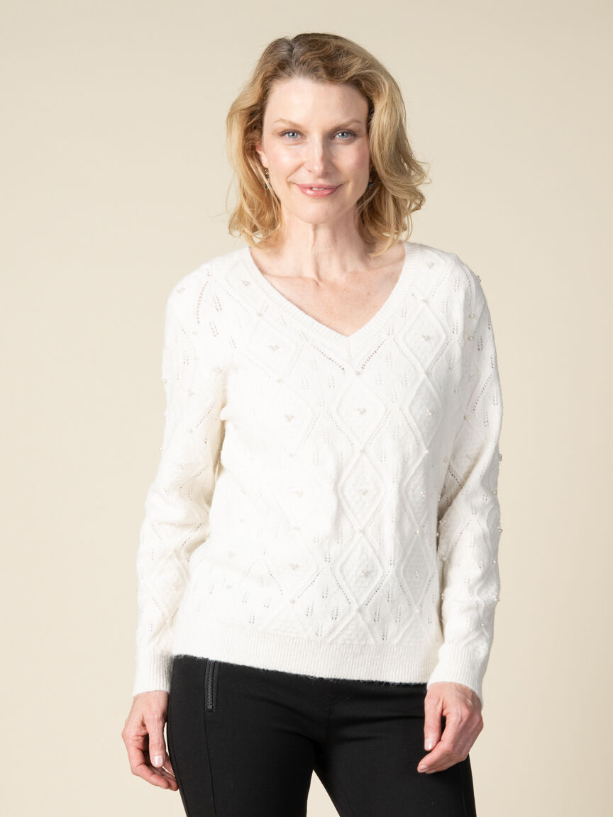 Long Sleeve V-Neck Sweater With Pearls