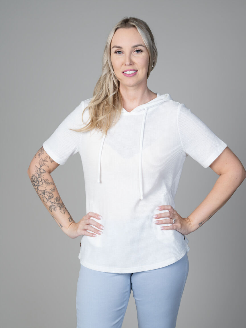 Short Sleeve Waffle Knit Tunic With Hood