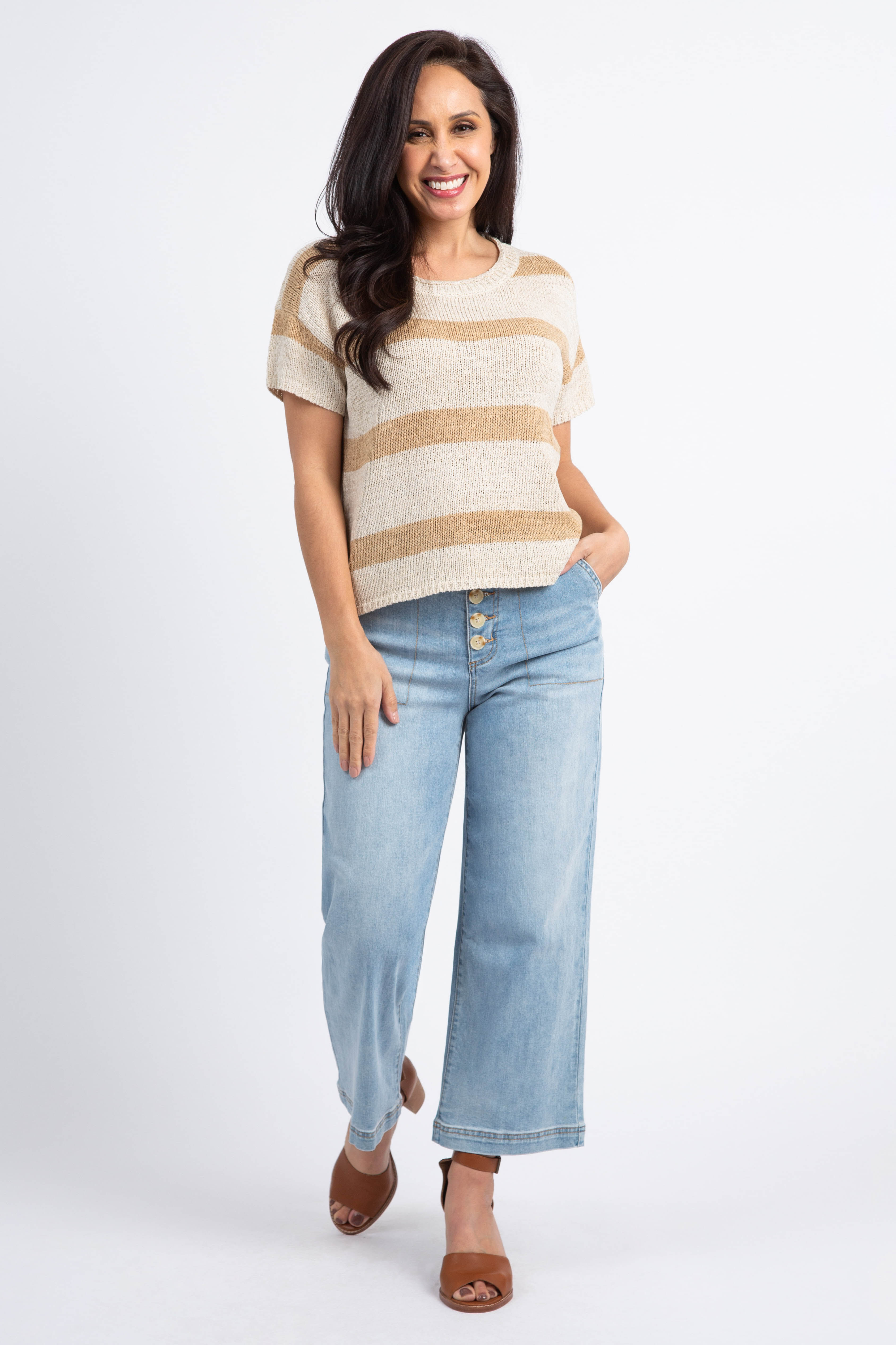 Striped Short Sleeve Knit Sweater Image 2