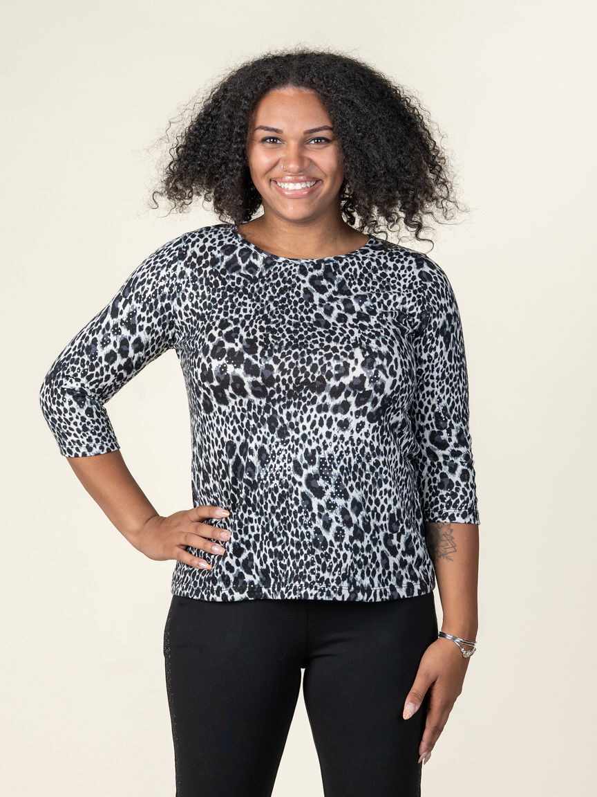 3/4 Sleeve Leopard Print Top With Sequins