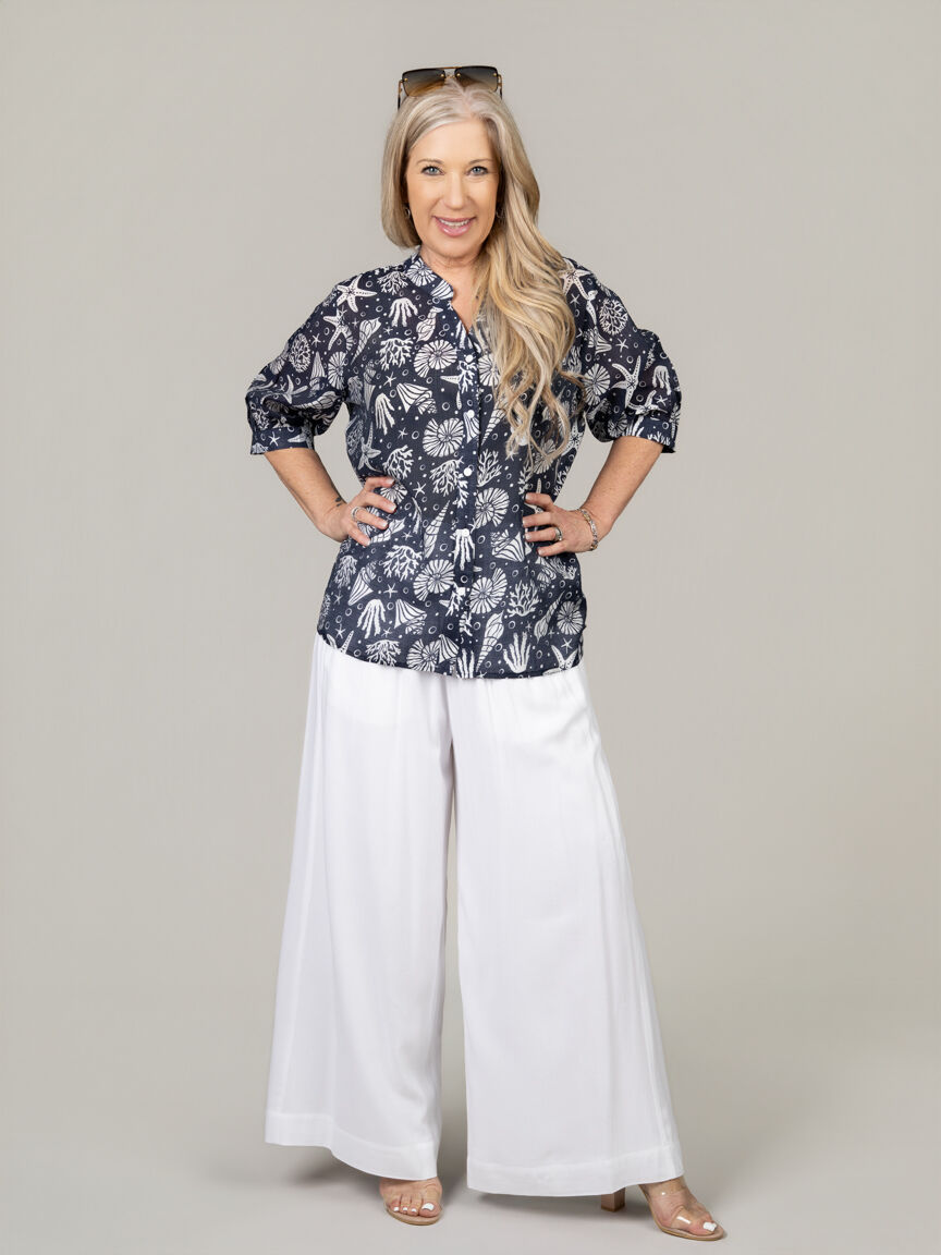 Sheer Elbow Sleeve Button Front Blouse
