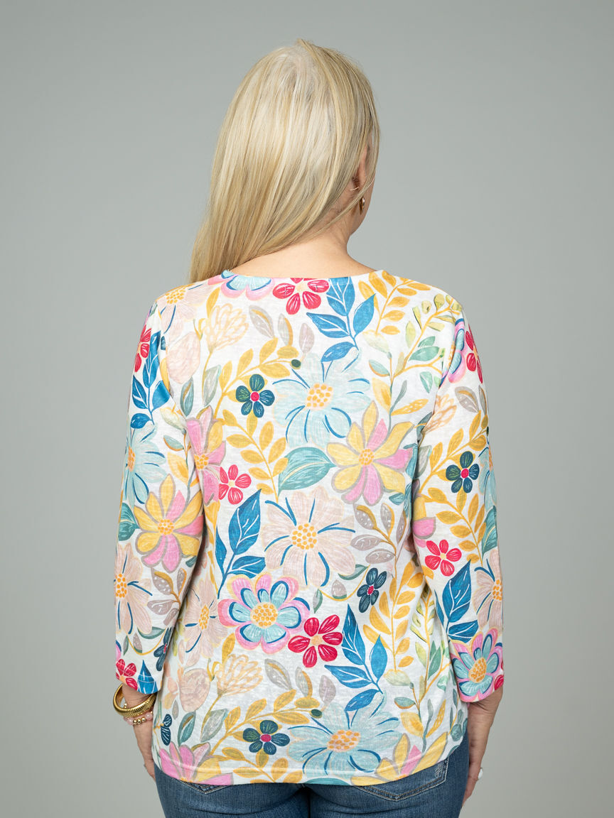 Floral Sparkle Notch-Neck Top