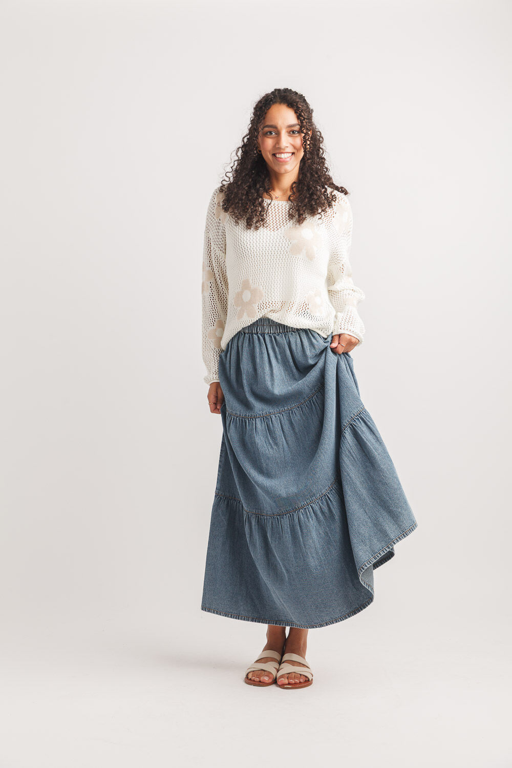 Long Sleeve Open Knit Sweater With Flowers