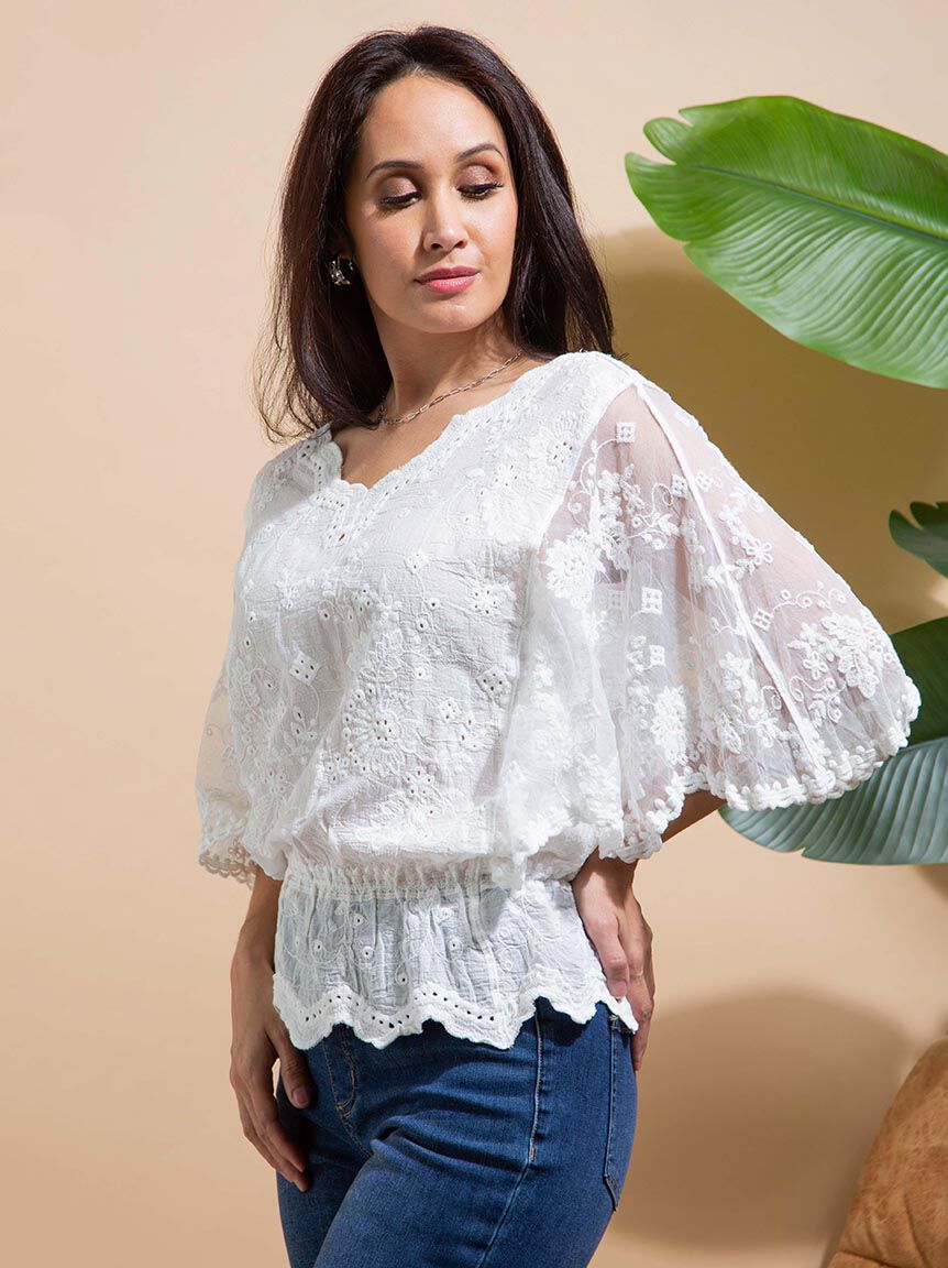 Cape Sleeve Cropped Eyelet Top Image 3