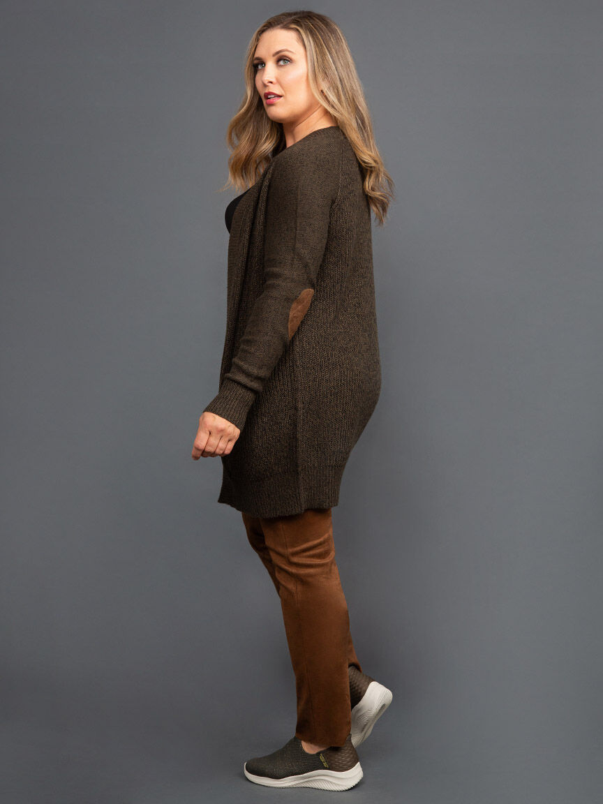 Longline Open Front Cardigan w/ Elbow Patch Image 3