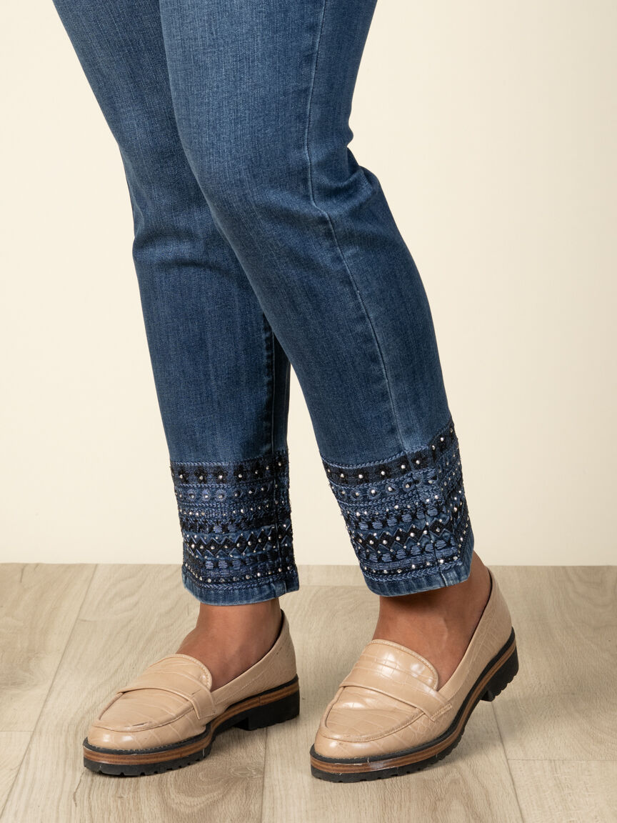 Denim 5 Pocket Pants With Embellishments