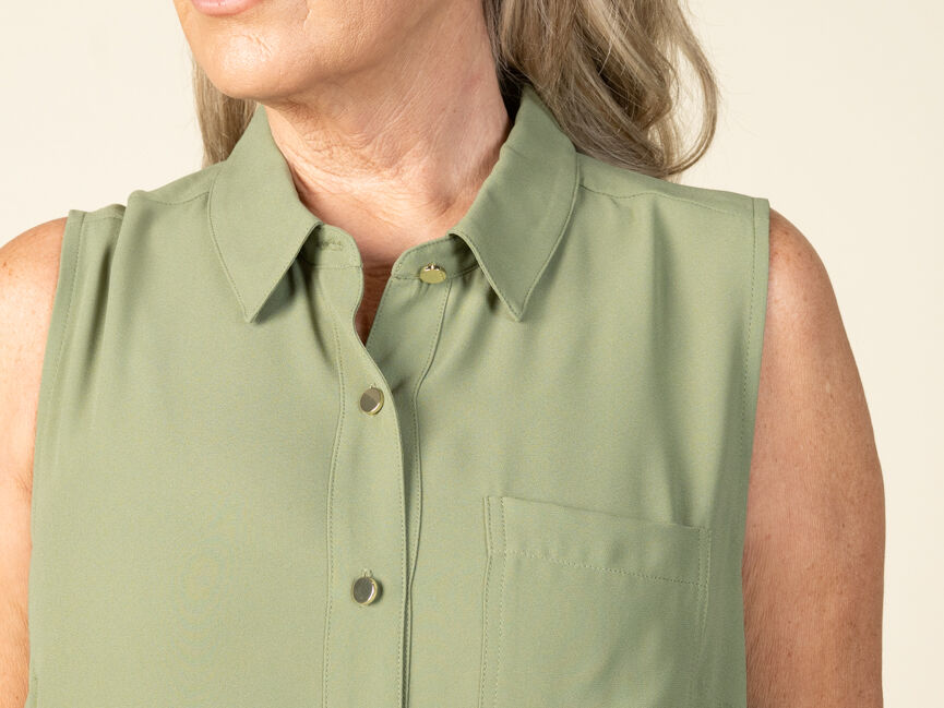 Sleeveless Button Up Top with Collar and Pocket