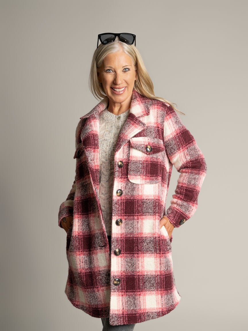 Knit Plaid Notch Collar Shacket Image 1