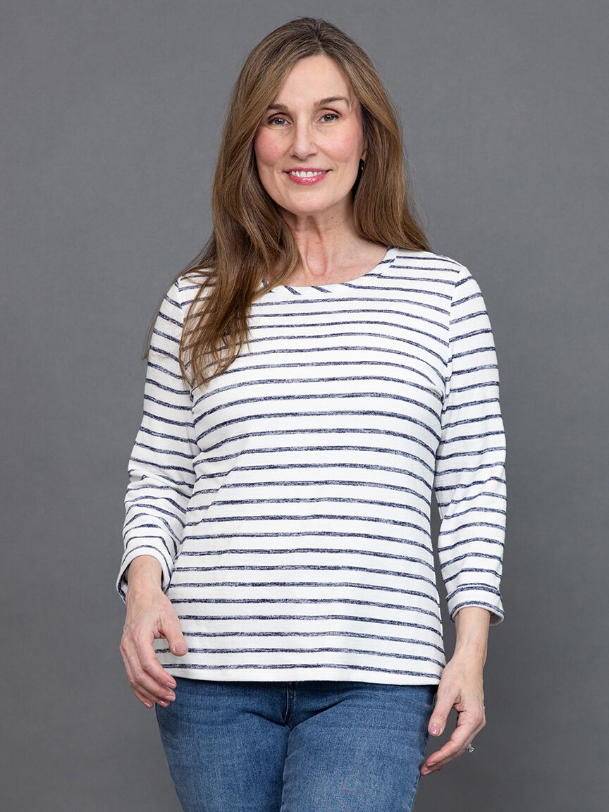 &frac34; Sleeve Rolled Cuff Striped Top  Image 2