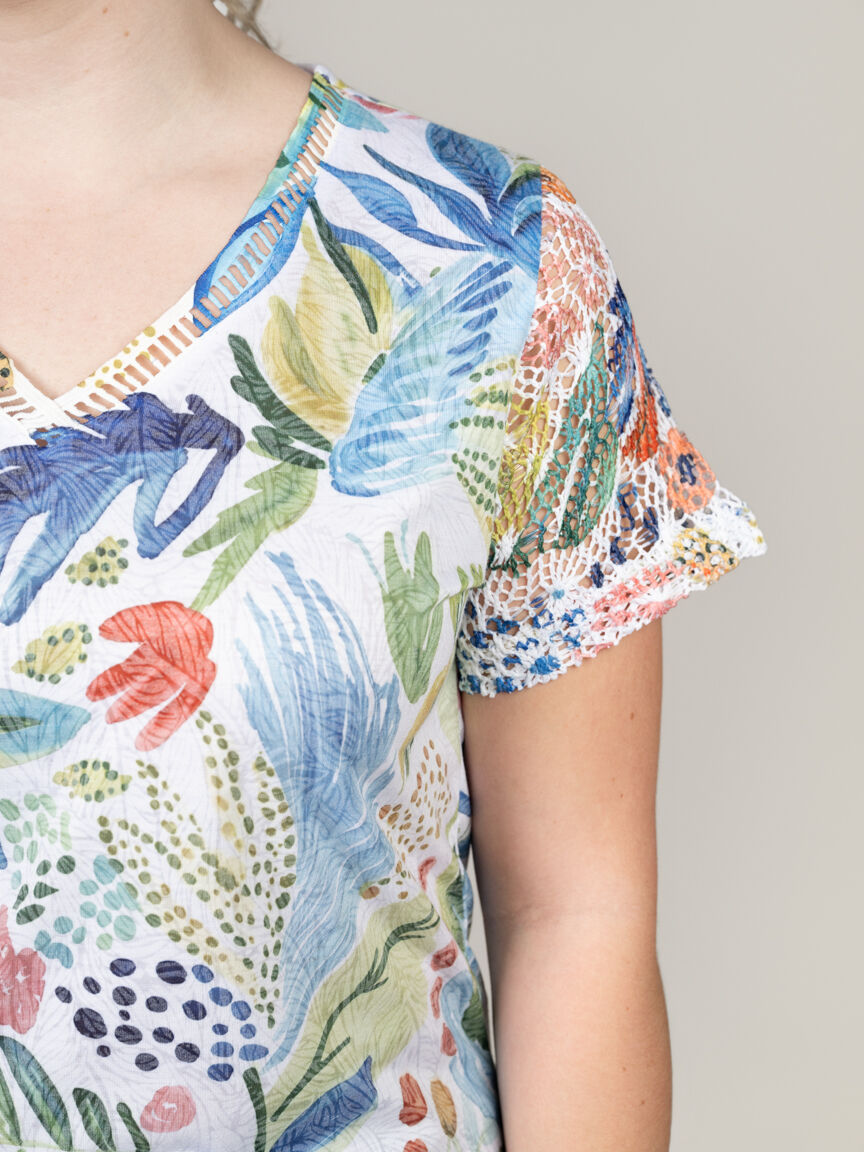 V-Neck Top with French Lace Sleeves & Ladder Trim