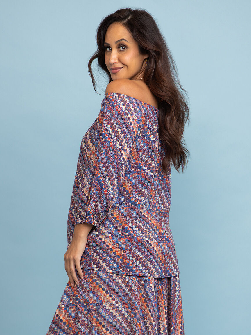 &frac34; Sleeve Boho Print Top
