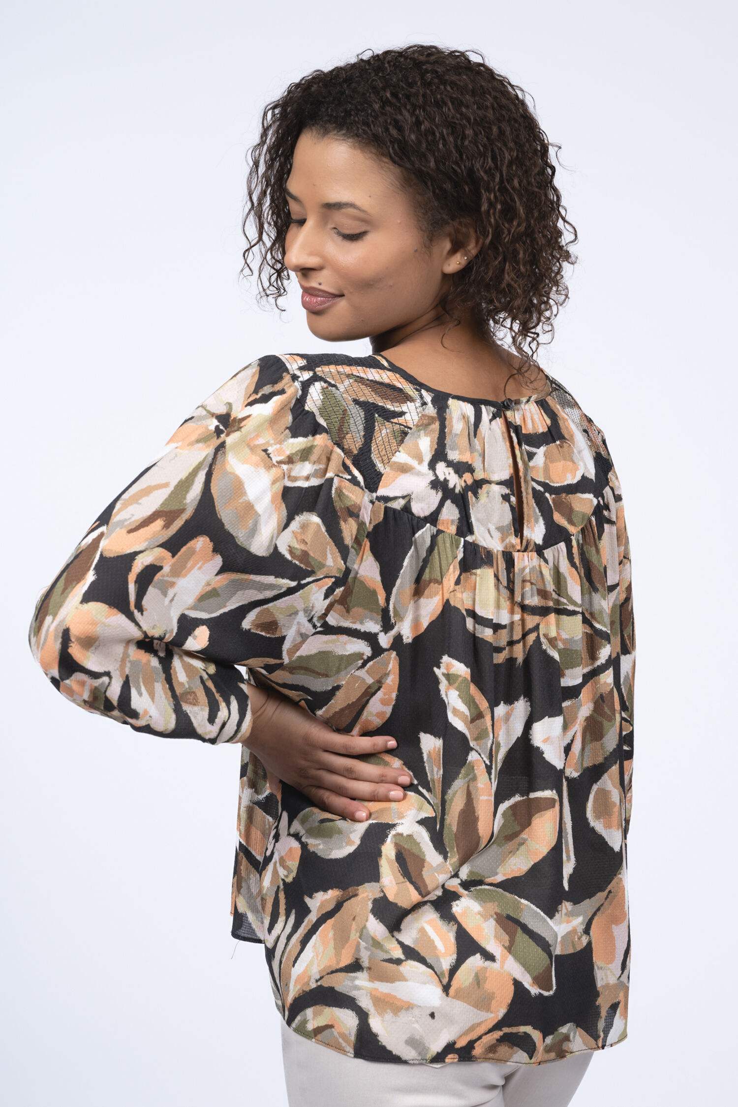 &frac34; Sleeve Smocked Shoulder Blouse Image 2