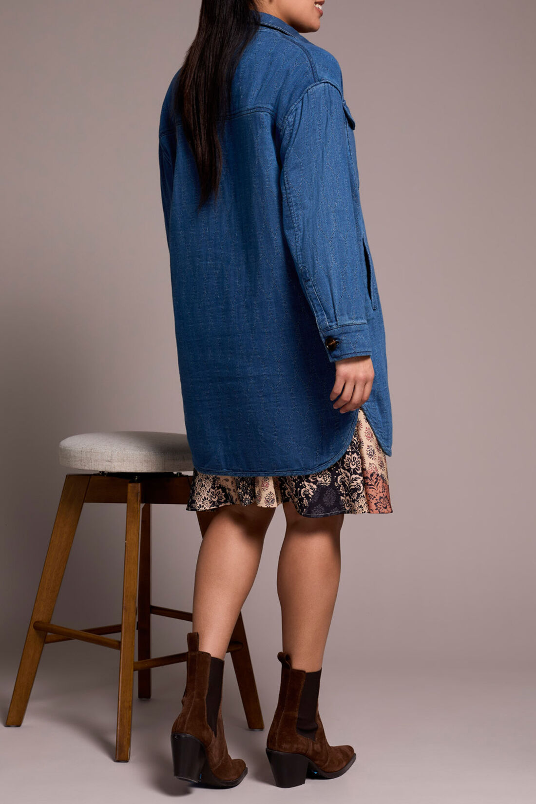 Long Front Buttoned Denim Quilted Jacket