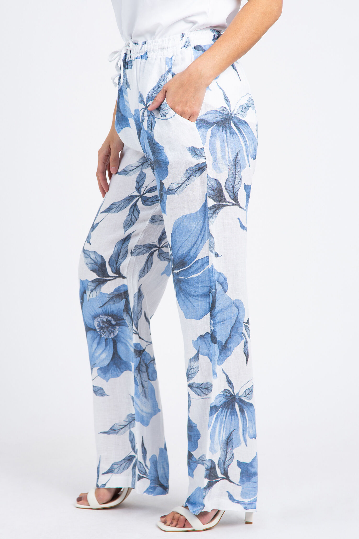 Pull-On Floral Linen Pants Image 2