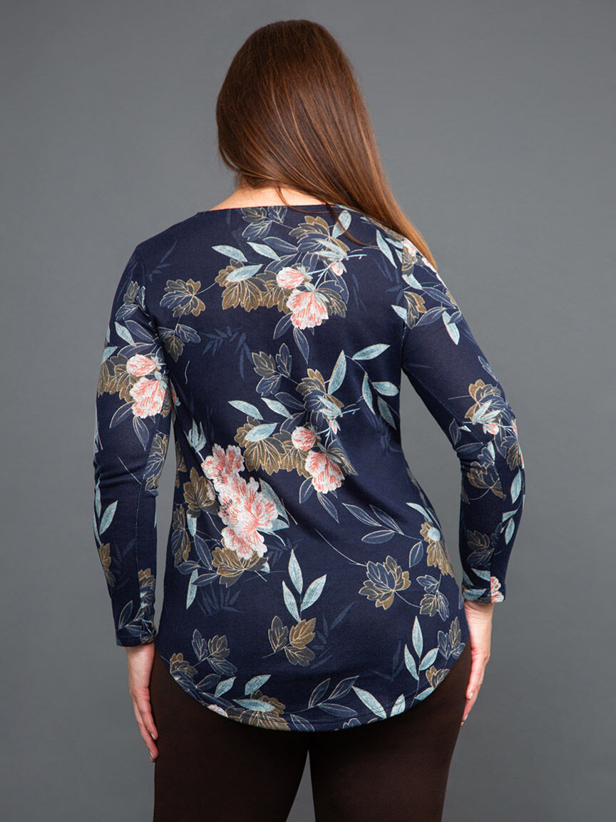 Long Sleeve Floral Top w/ Zip Neckline