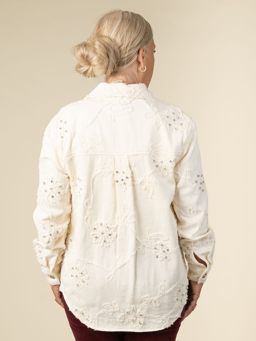 Twill Rhinestone Applique Shacket Image 3