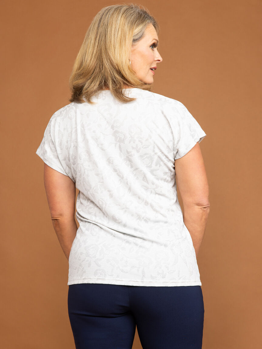 Short Sleeve V-Neck Floral Metallic Top