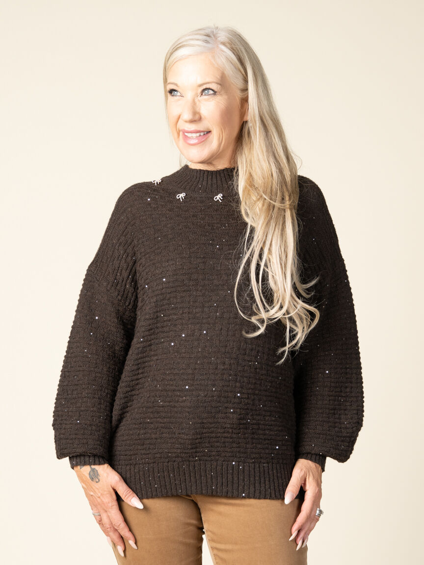 Sequin Sweater with Rhinestone Bow Detail
