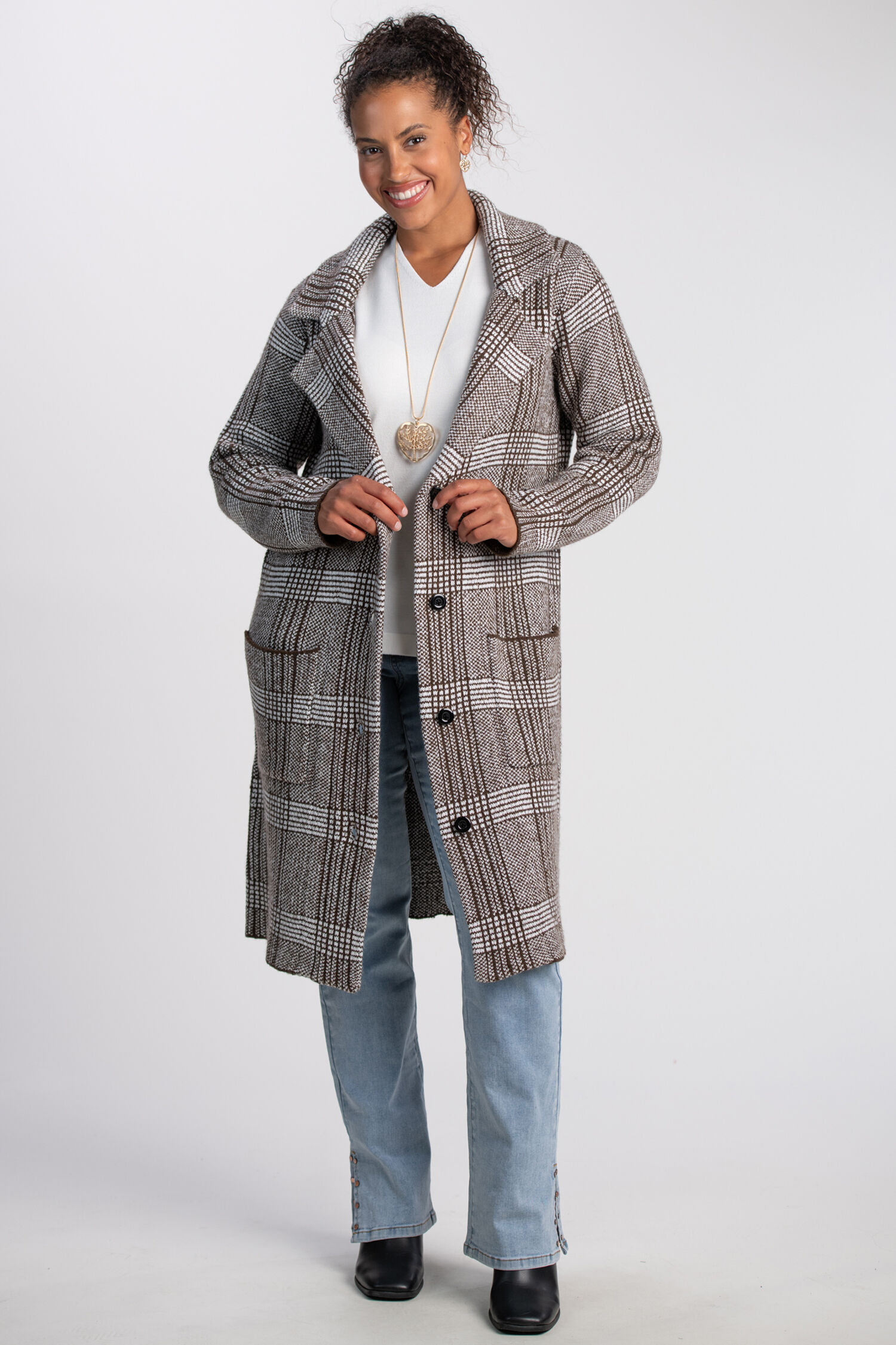 Long Plaid Button-Up Coat Image 2