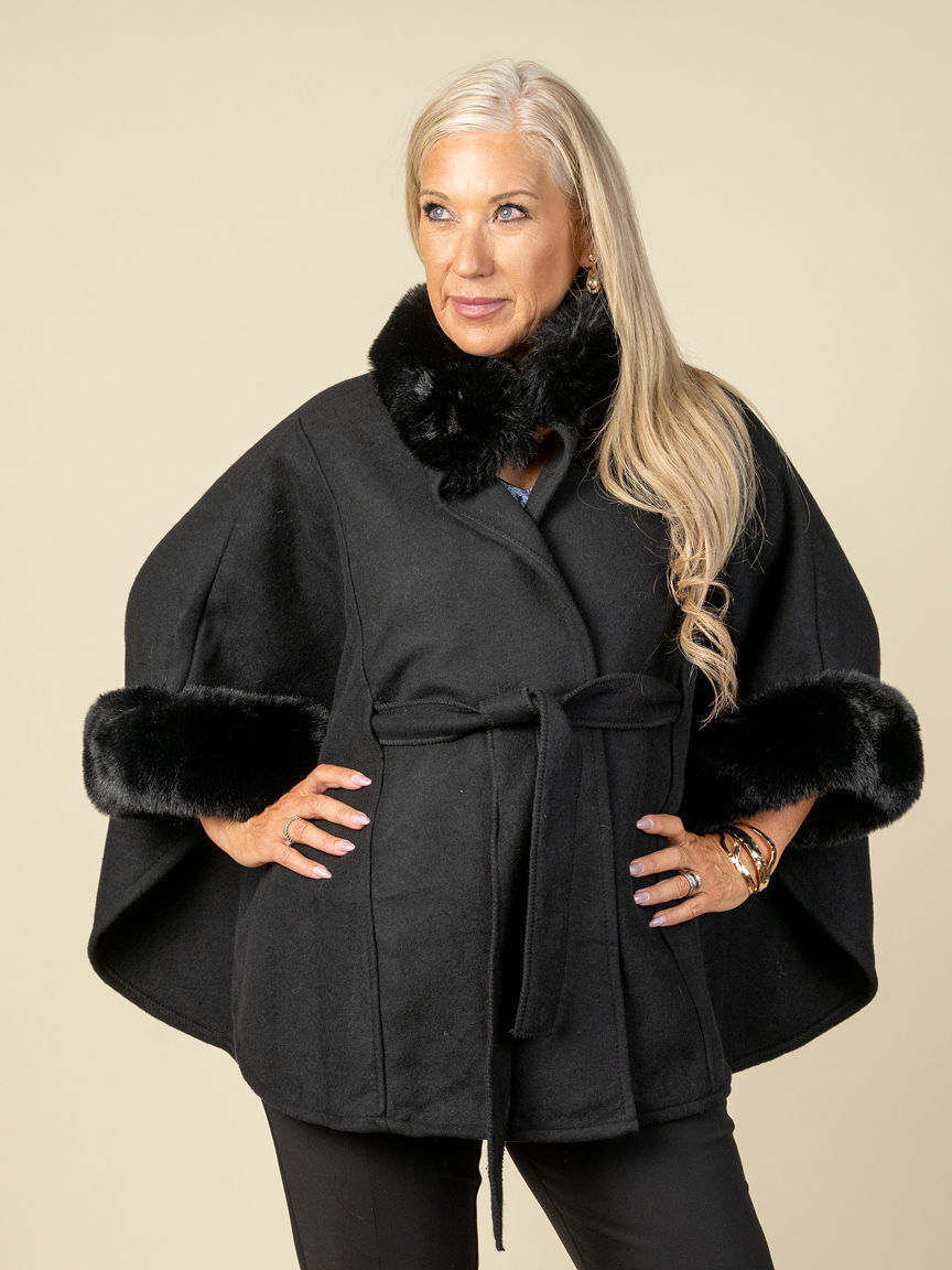 Cape Coat With Belt And Faux Fur