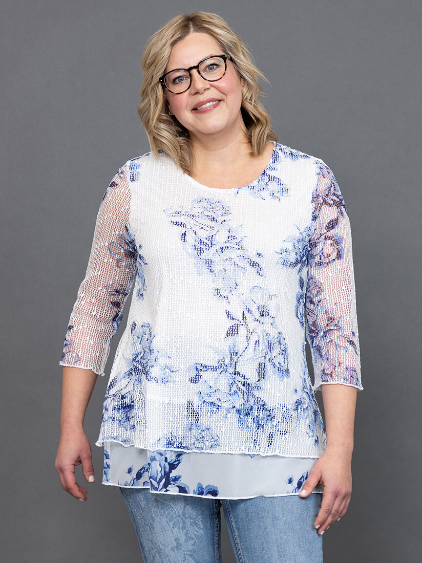 &frac34; Sleeve Crochet Mesh Top Image 2