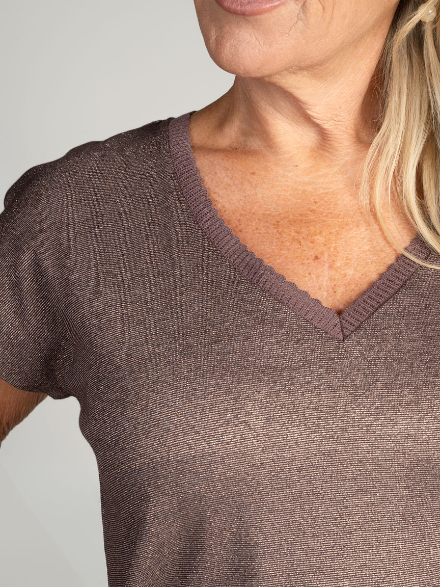 Scalloped V-Neck Shimmer Top