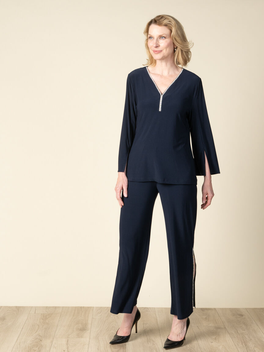 Flowy Pull-On Pants With Side Slits and Hotfix