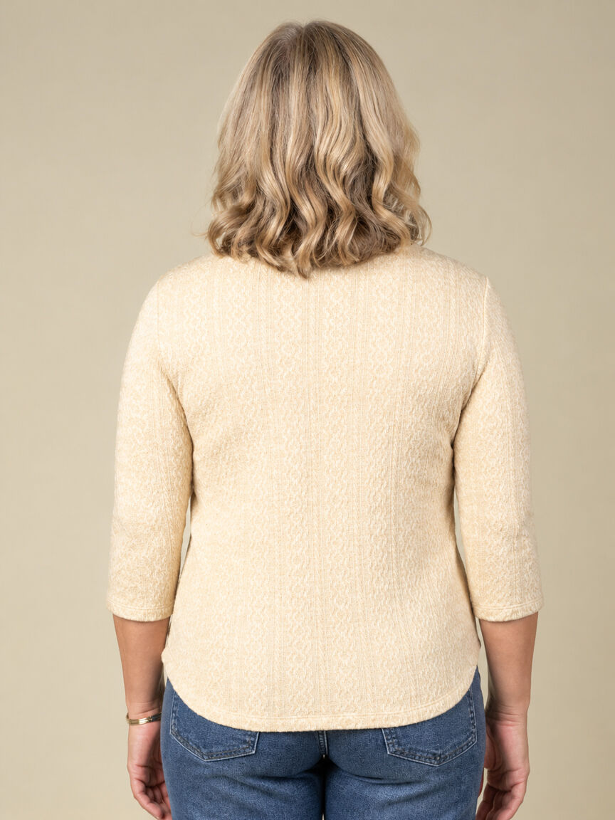 3/4 Sleeve Cable Knit V-Neck Top With Buttons