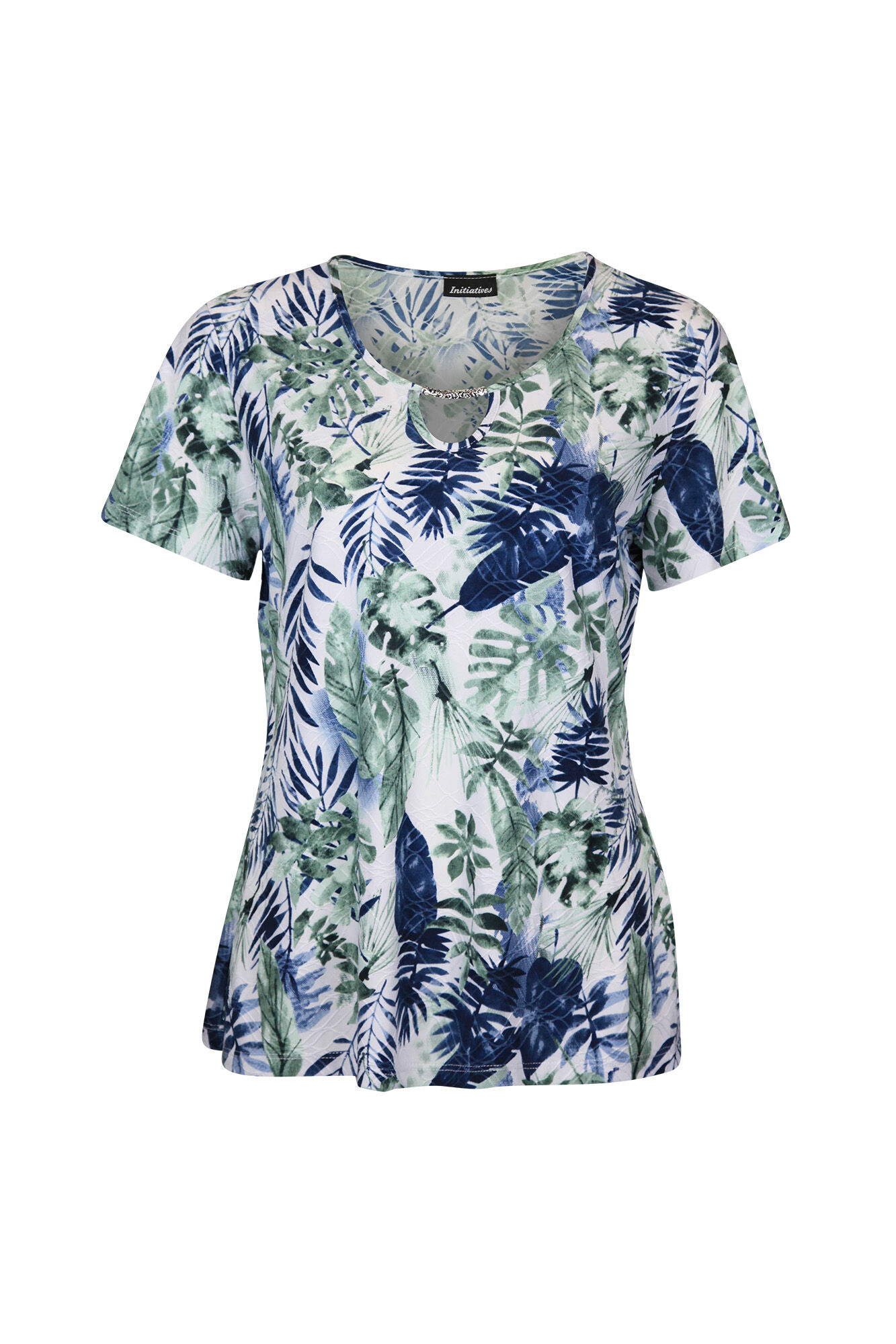 Keyhole Neckline Leaf Print Short Sleeve Shirt Image 1