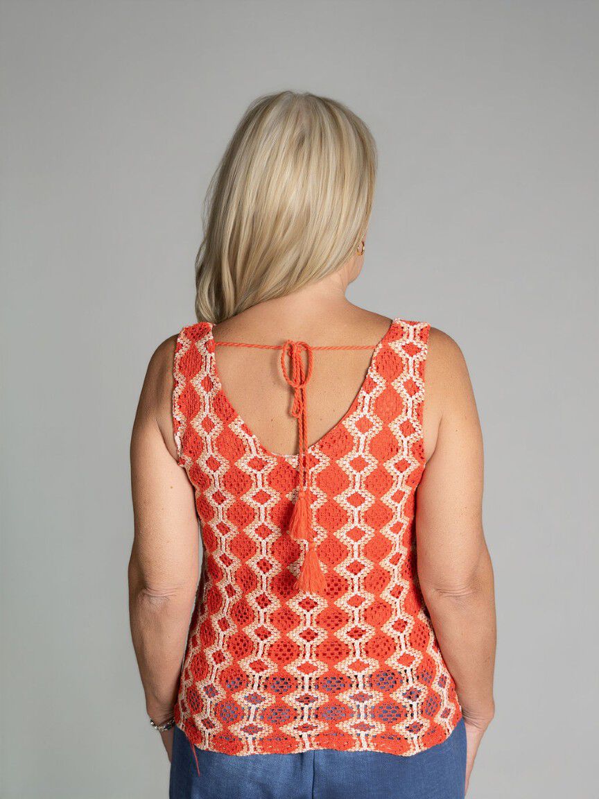 Lined Crochet Tank with Tassel Back