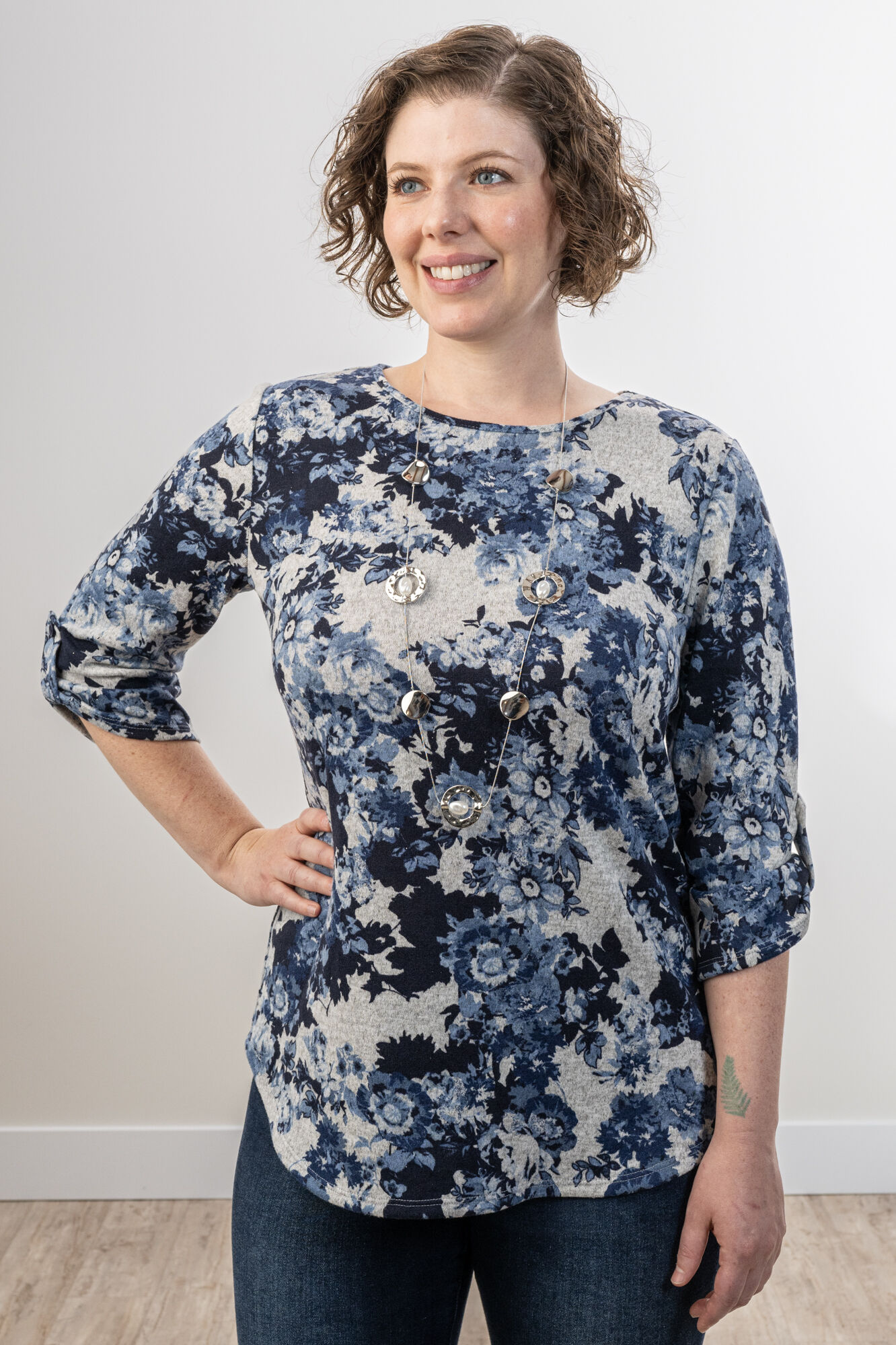 Blueberry Blue Floral Shirt With Ruchin Tab Sleeves  Image 1