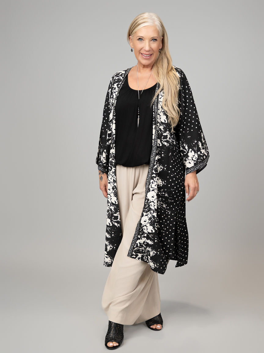 Long 3/4 Sleeve Abstract Print Kimono Image 5