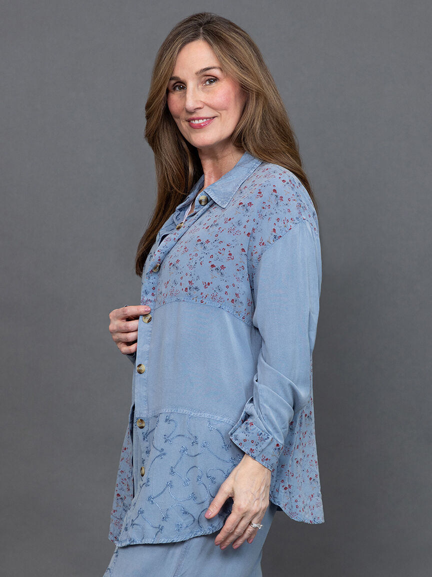 Embroidered Patchwork Button-Up Blouse  Image 3