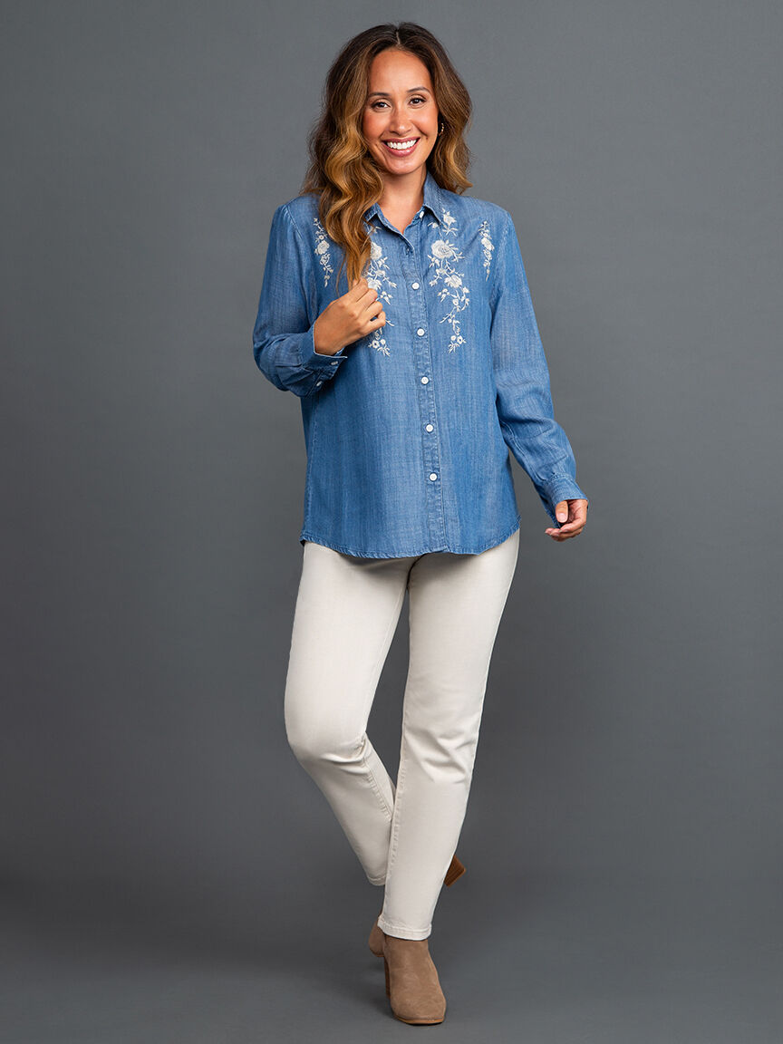 Button Down Tencel Blouse w/ Embroidery Image 1