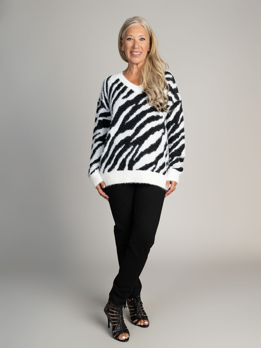 V-Neck Zebra Knit Sweater