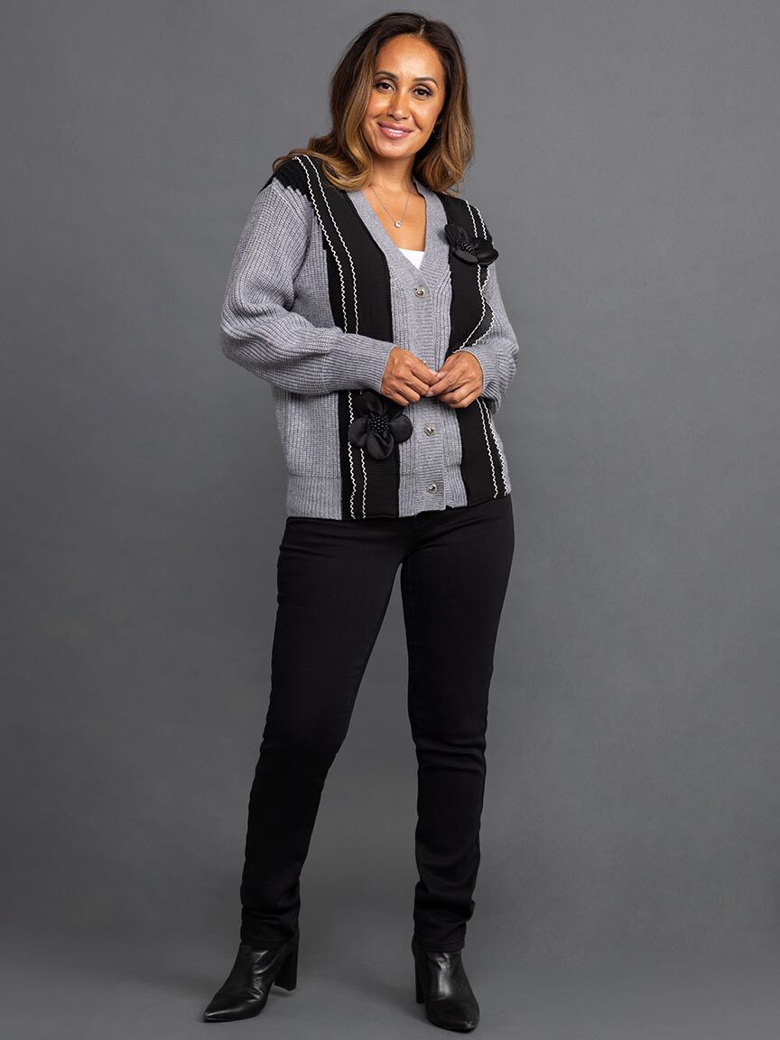 Long Sleeve Button Up Cardigan with Floral Applique Image 1