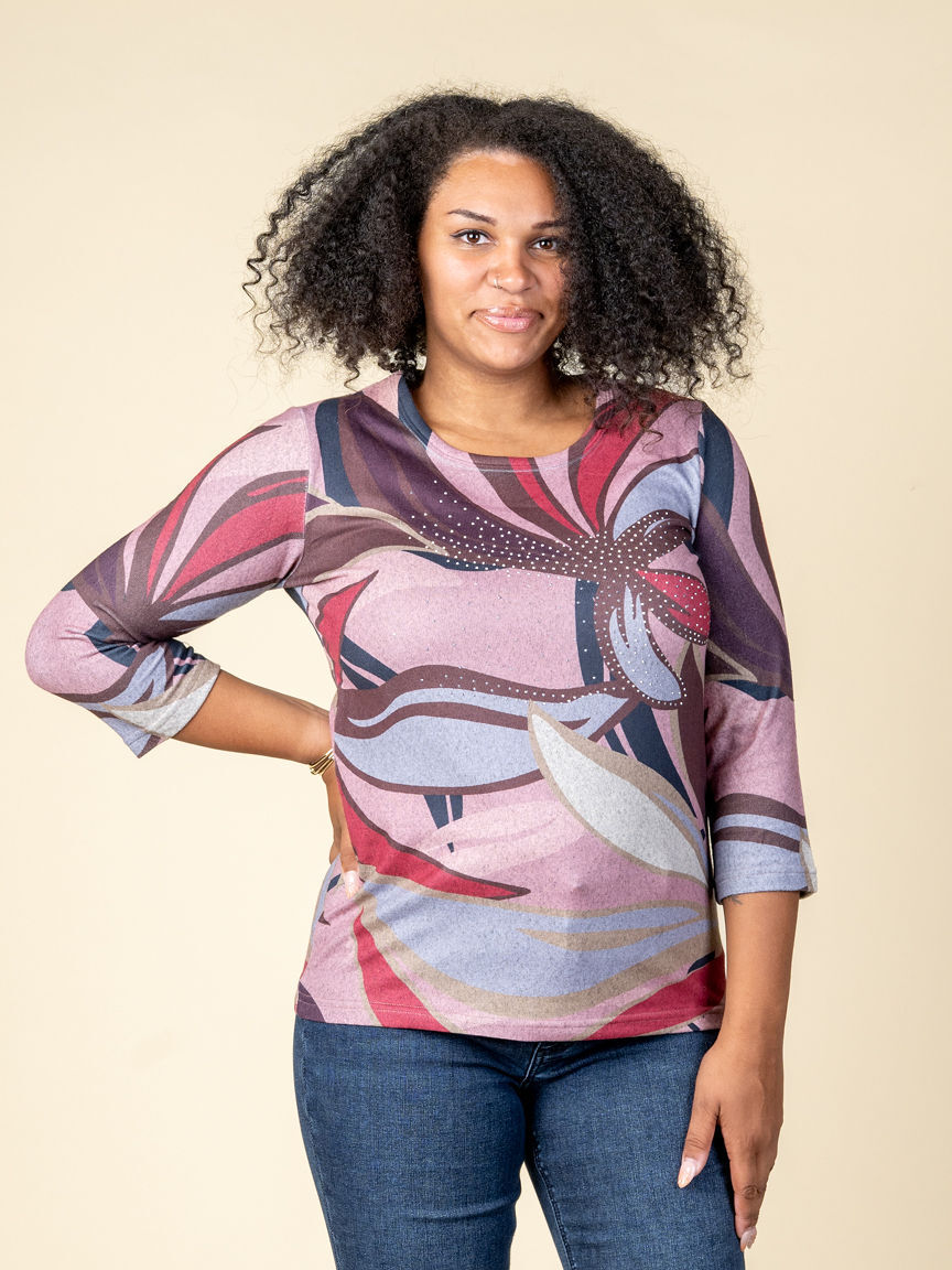 3/4 Sleeve Abstract Print Top with Hotfix