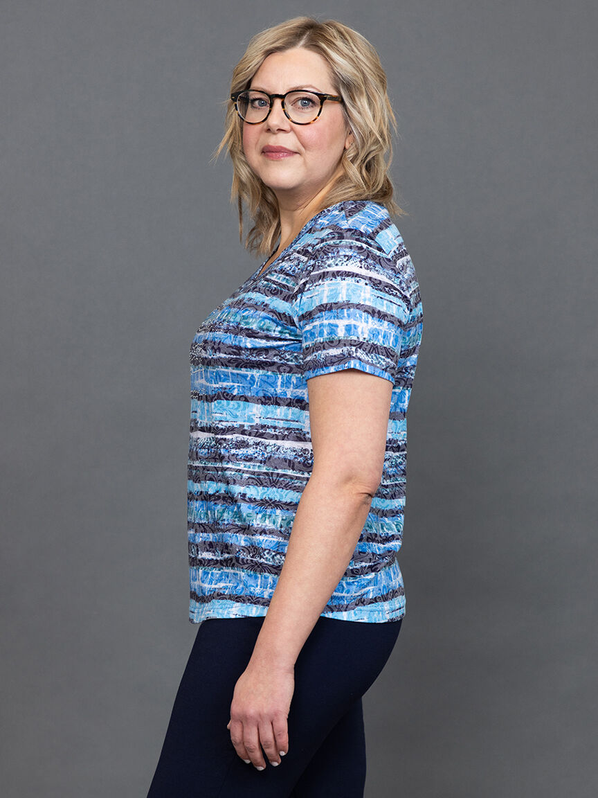 Striped V-Neck Top w/ Hotfix Rhinestones  Image 3