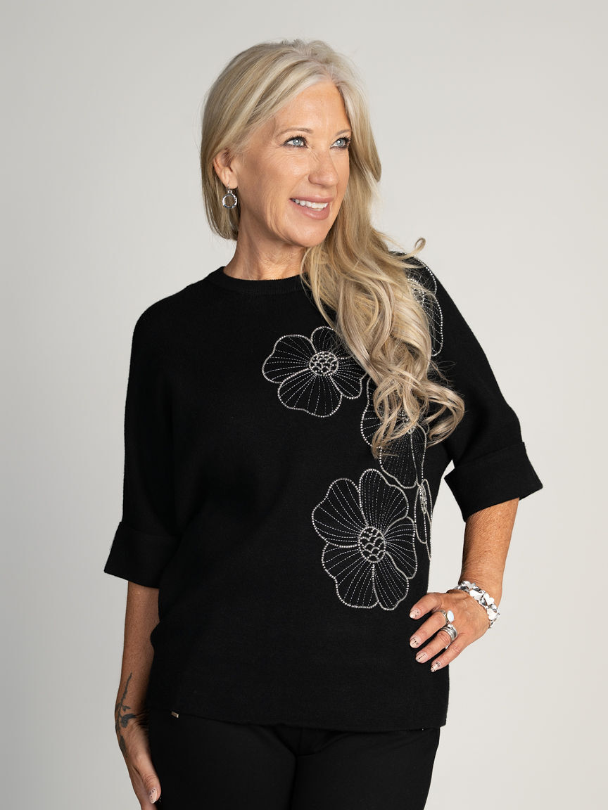 Elbow Sleeve Knit Top With Bead Detail