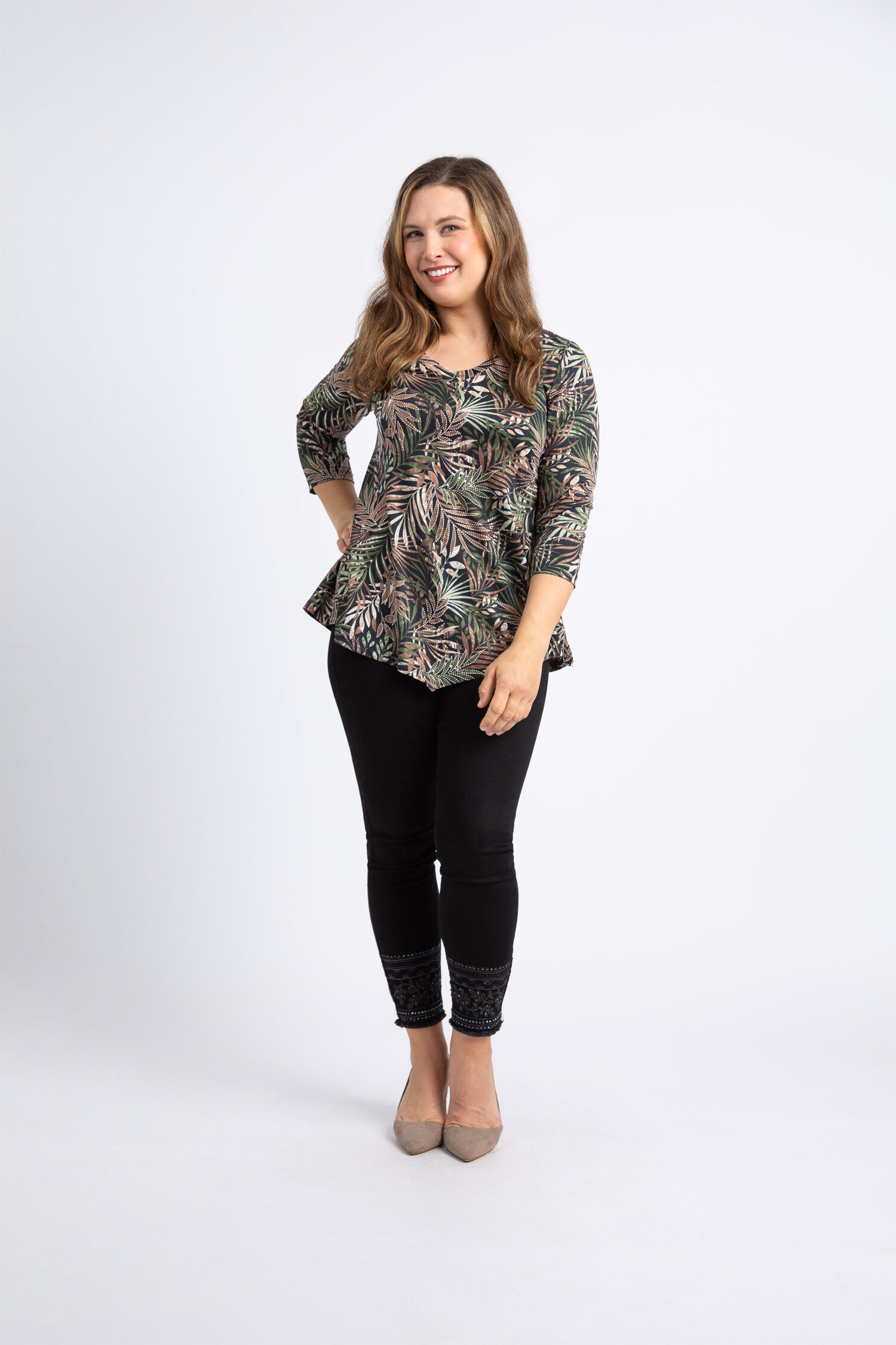 &frac34; Sleeve Textured Leaf Print Top  Image 1