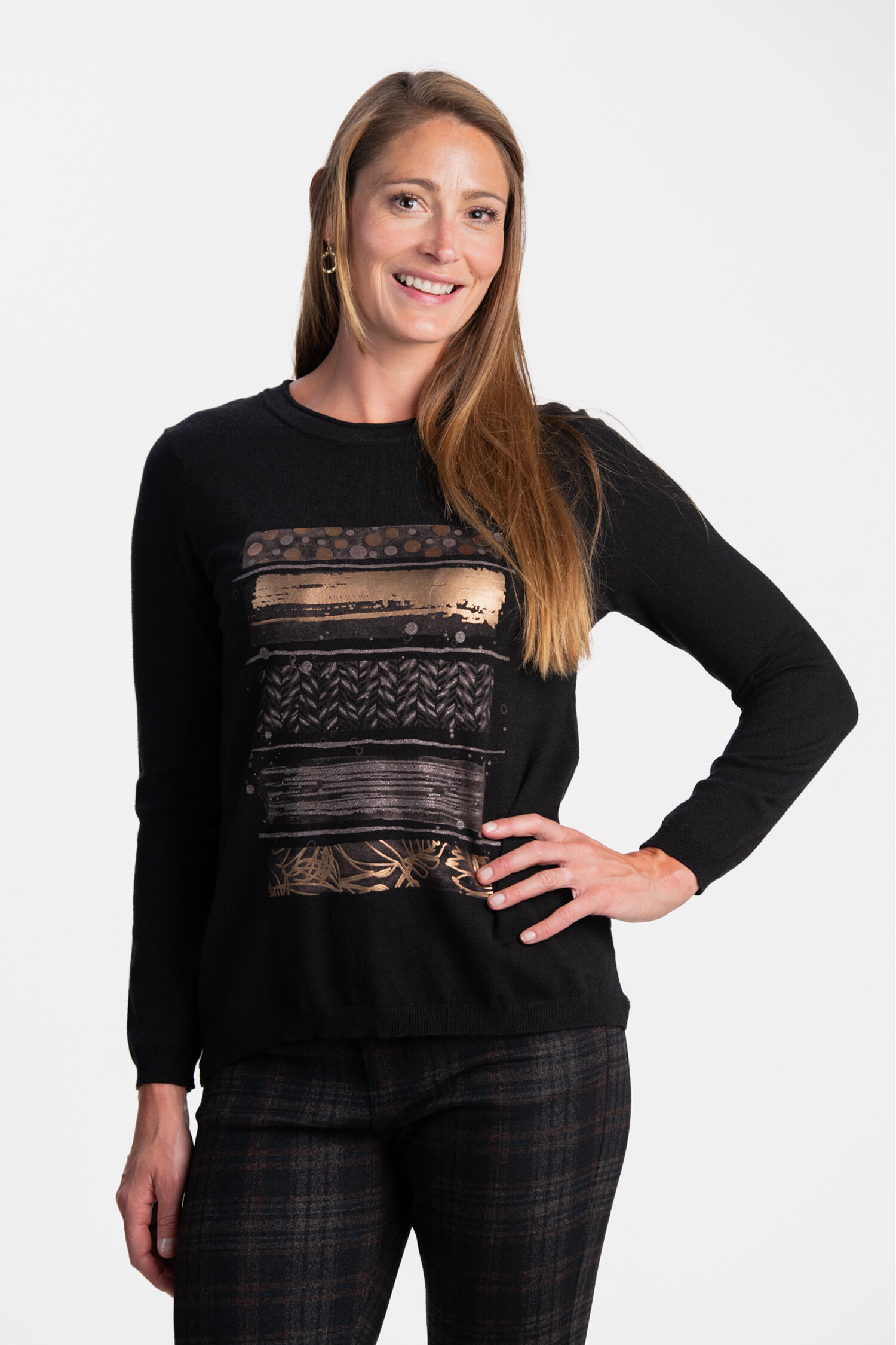 Long Sleeve Foil Print Knit Sweater  Image 1