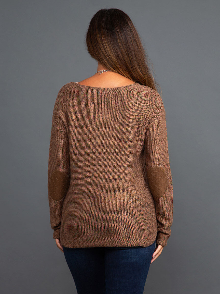 V-Neck Long Sleeve Knit Sweater w/ Elbow Patches Image 4