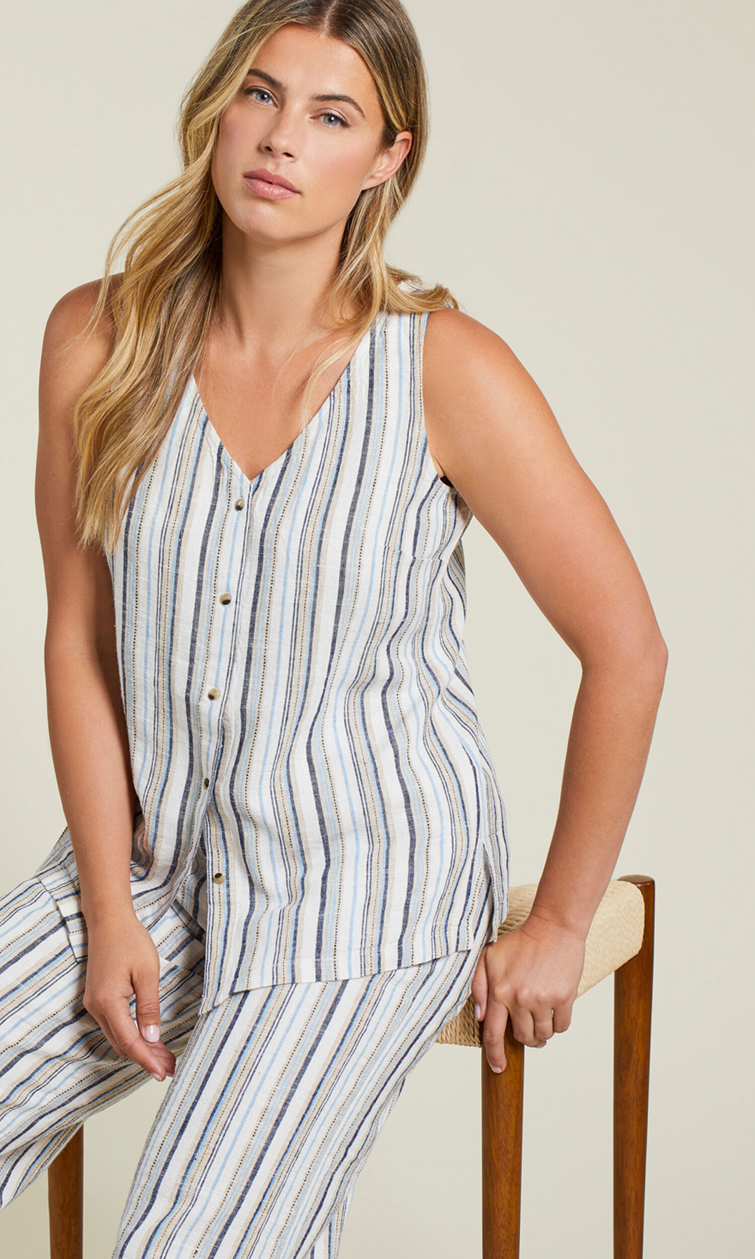 Linen Blend Striped Button-Up Cami Image 1