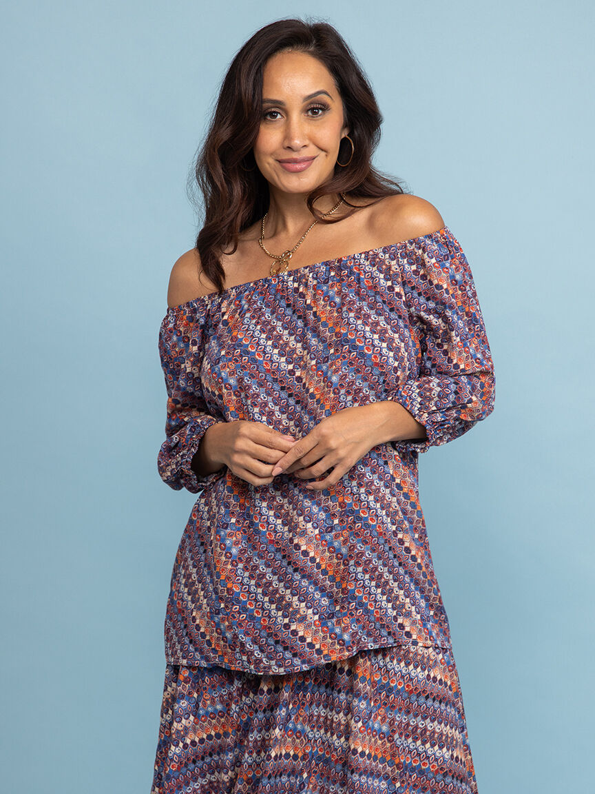 &frac34; Sleeve Boho Print Top