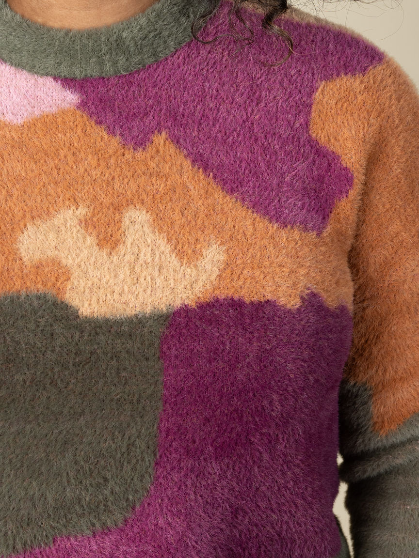 Fuzzy Intarsia Crew Neck Sweater Image 3