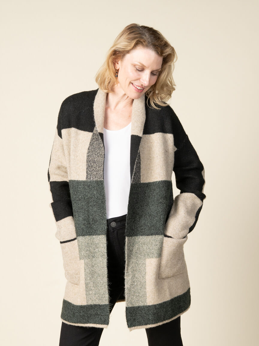 Color Block Open-Front Long Sleeve Cardigan