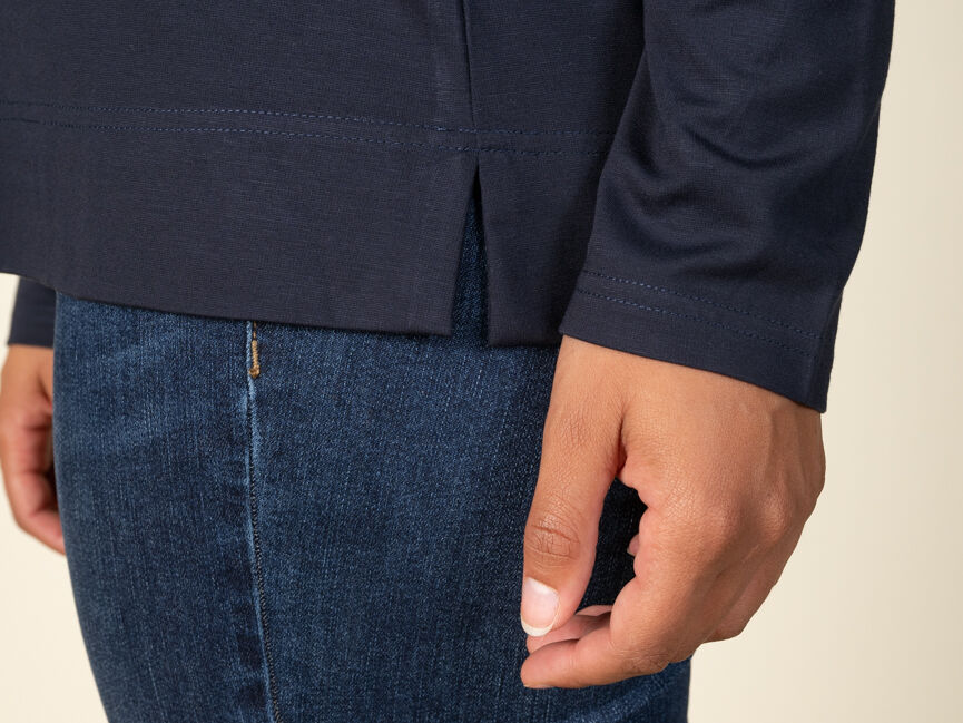 Roll Tab Long Sleeve Top with V-Neck Zipper